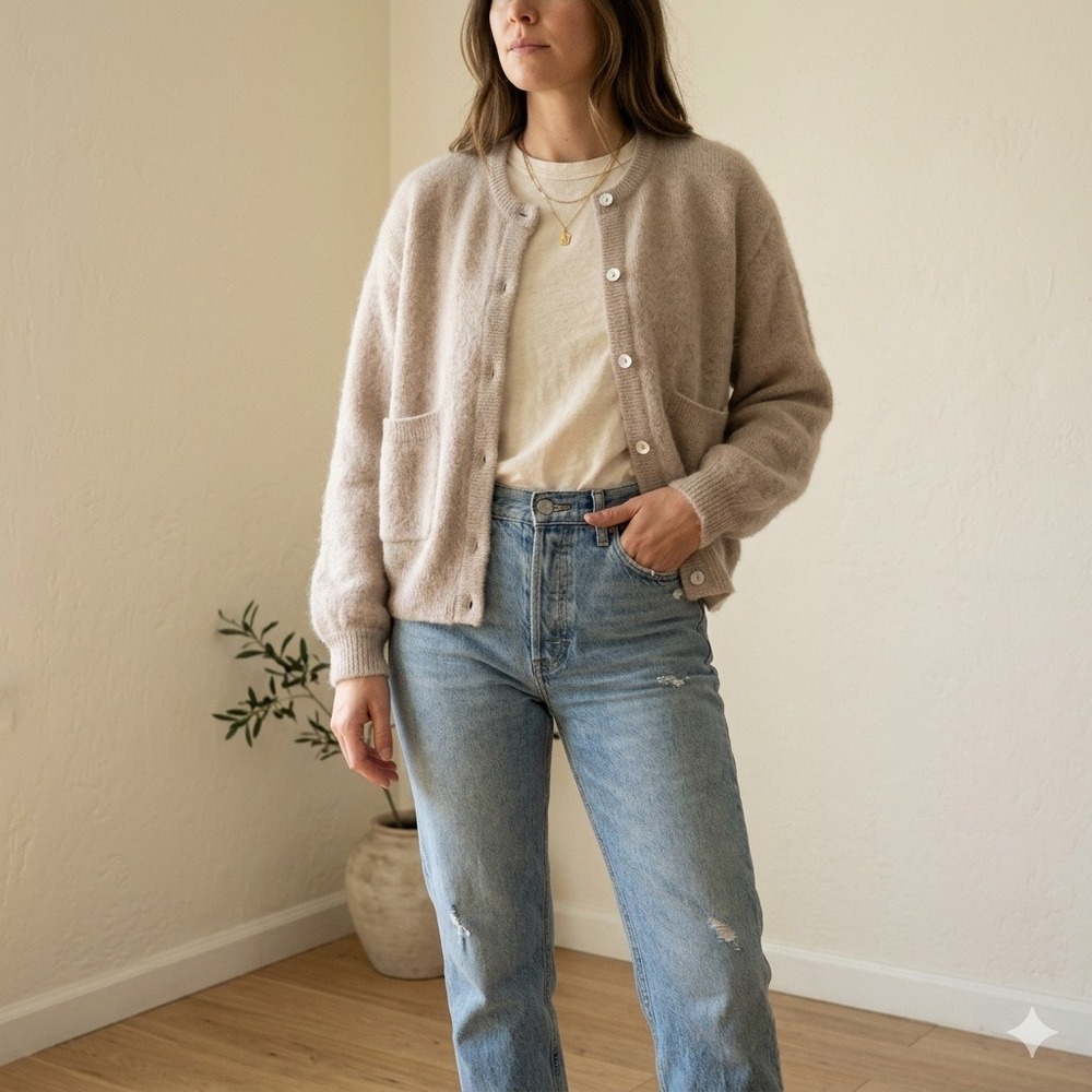 Le Bon Shoppe Cardigan Women XS/S Beige Button Front Pocket Minimalist Cozy